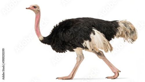 Full body studio portrait of an adult male Ostrich (Struthio camelus) standing tall, isolated on a pure white background.