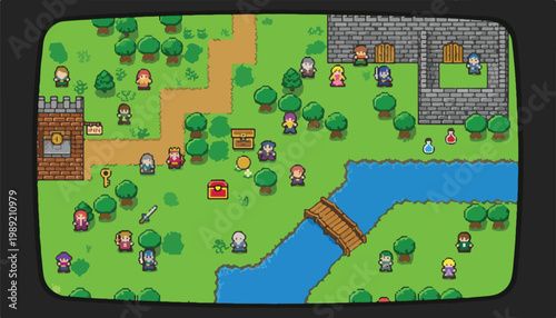 Retro pixel art video game scene with fantasy characters and medieval castle. 8-bit style gaming world with knights, forest, and river. Vintage arcade screen vector illustration.