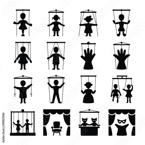 Set of 16 Black Silhouette Puppet and Marionette Icons