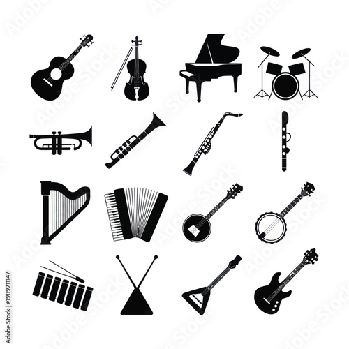 Set of 16 Black Musical Instrument Silhouettes Vector Icons