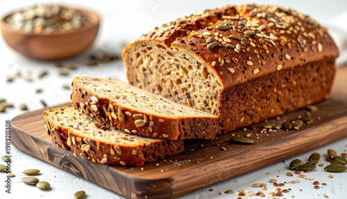 Loaf of multigrain bread, sliced and topped with seeds, on a wooden cutting board