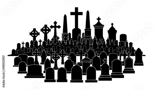 Black tombstone and cross silhouettes vector set clustered graveyard elements isolated on white background