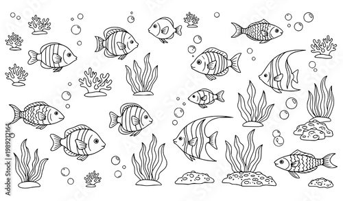 Fun fish swimming pattern coloring page with seaweed and bubbles black and white kids vector