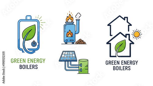 Green Energy Boiler and Biomass Heater Vector Icon Set: Sustainable Solar Thermal Integration and Eco-Friendly Industrial Heating Flat Design Icons