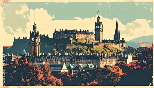 Digital stylized illustration showcasing an iconic castle atop a city skyline