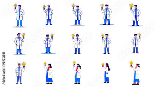 Set of Vector Illustrations Showing Scientist Holding Light Bulb Idea, Innovation Concept Featuring Research, Creative Thinking, Scientific Discovery and Problem Solving for Education and Presentation