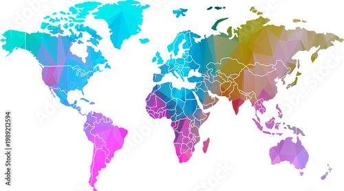 Colorful Geometric World Map Vector, Abstract Continents, Global Digital Art vector illustration