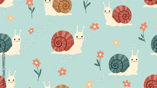 Whimsical snail pattern featuring snails with colorful shells and small flowers on a light blue background for children's decor.