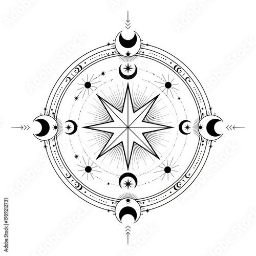 Celestial compass rose with moon phases and stars, esoteric design