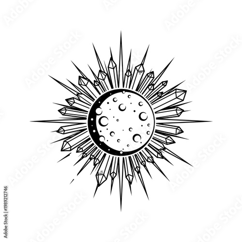 Celestial Moon and Crystal Sunburst Illustration