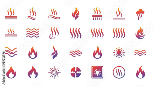 Thermal Energy and Steam Vector Icon Set: Heat Wave Symbols, Hot Vapor, and Industrial Thermodynamics Graphics in Vibrant Gradient Flat Design Icons