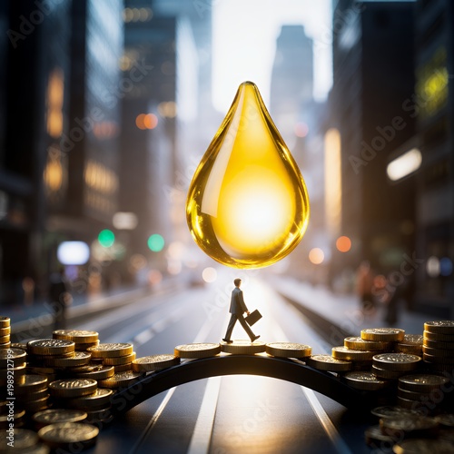 Golden Drop Suspended Above Businessman on City Street