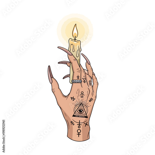 Mysterious hand holding lit candle with occult symbols and all-seeing eye tattoo