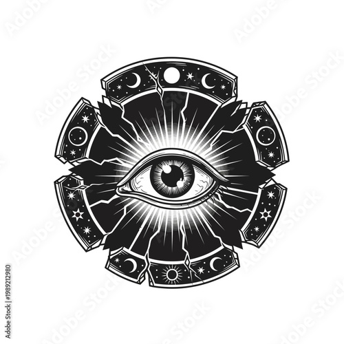 Mystic All-Seeing Eye Symbol with Celestial Elements and Rays