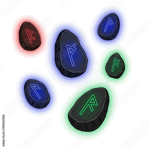 Mystical ancient runes glowing with vibrant ethereal light on white background