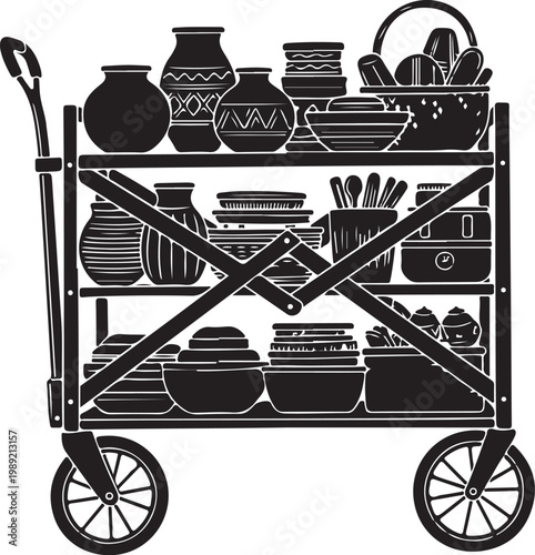 Black and white kitchen utensil cart, cooking supplies vector, dishware storage trolley, chef's equipment