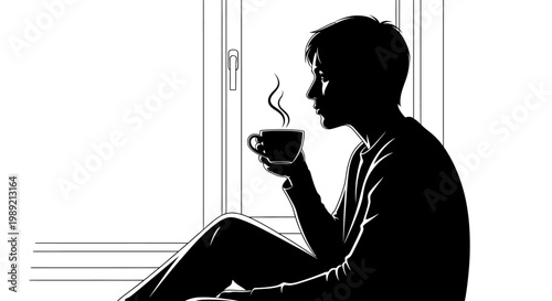 Man sitting by window with coffee.