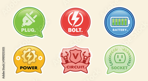 Colorful Electricity Icons Set – Plug, Bolt, Battery, Power, Circuit and Socket Vector Collection