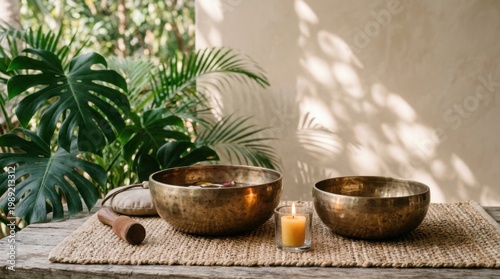 Meditation setup with brass singing bowls and tropical plants in soft light