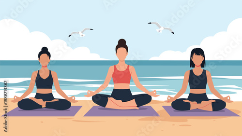 Group of three young women practicing yoga in lotus position on a sandy beach under a blue sky with waves and seagulls.