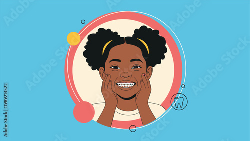 Portrait of a happy young girl with black hair in pigtails smiling to show her orthodontic braces inside a circular frame.