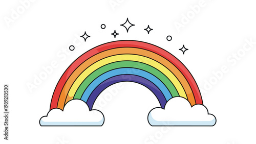 Beautiful and bright colorful rainbow with soft white clouds and sparkling stars isolated on a clean white background.