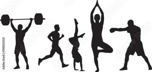 Black silhouette fitness icons, athletic vector graphics, workout symbols, exercise clip art