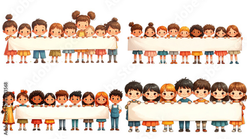 Set of Flat Vector Illustration Collection of Back to School Kids Holding Blank Banner Together, Education Concept Featuring Students with Empty Sign Space for Promotion, Marketing and School Campaign