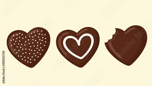 Three delicious heart-shaped chocolate cookies decorated with white icing and sprinkles on a light cream background.