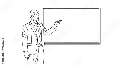 Professional man in suit writing on a whiteboard.