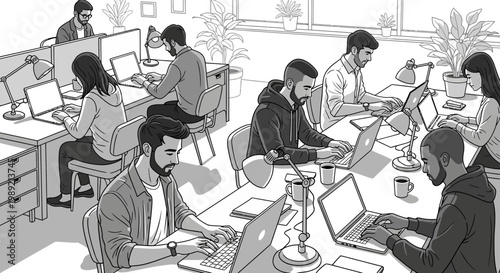 Diverse group of professionals working diligently in a modern office environment.
