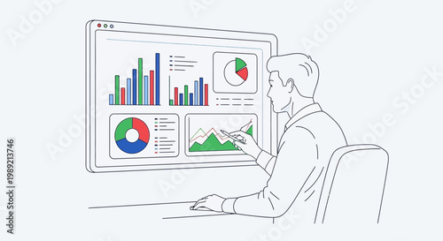 Man analyzing data on computer screen with charts.