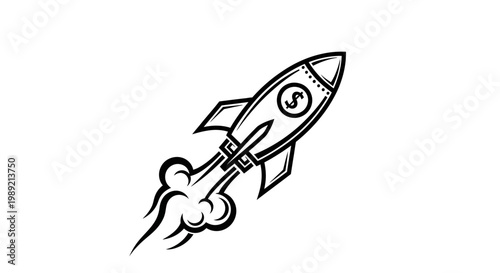Hand drawn rocket with dollar sign taking off.