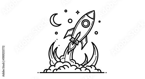 Rocket Launching into Space with Moon and Stars Outline Illustration.