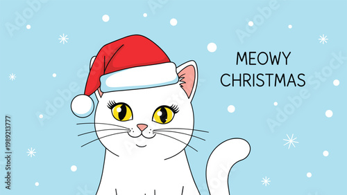 Cute white kitten wearing a red Santa Claus hat on a blue snowy background with the text Meowy Christmas in the corner.