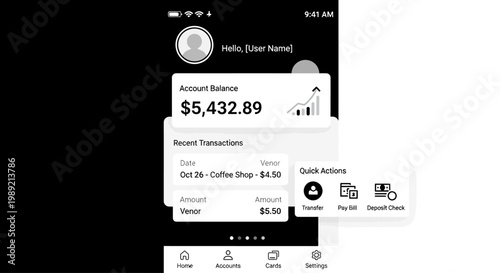 Mobile Banking App Interface with Account Balance and Quick Actions.