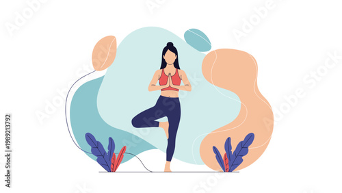 Woman practicing yoga in tree pose for balance and wellness against an abstract background with soft colorful shapes.