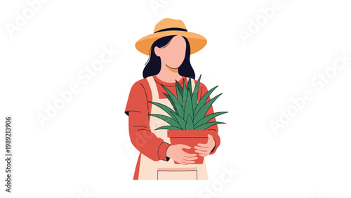 Female gardener wearing a straw hat and apron while carefully holding a potted succulent plant on a white background.