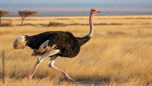 Adult male Ostrich (Struthio camelus) striding across the dry African savanna in its natural habitat.