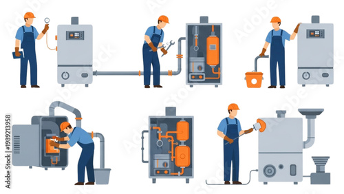 HVAC Technician and Boiler Repair Vector Icon Set: Service Engineer, Maintenance Worker, and Industrial Heating Specialist Flat Character Silhouettes