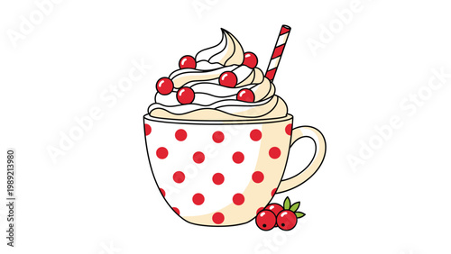 Festive cup of hot chocolate topped with whipped cream and red berries in a white polka dot mug with a striped straw.