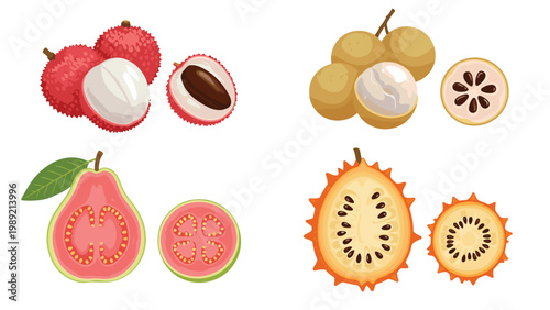 Selection of exotic tropical fruits including lychee, longan, guava, and kiwano melon shown whole and in cross-sections.