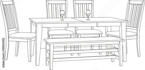 Dining Room Furniture Set with Wooden Table, Chairs, and Bench for Home Interior Design and Decoration Concepts