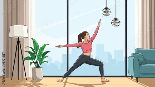 Young woman practicing yoga in a warrior pose within a modern living room featuring large windows and a city skyline view.