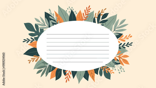 Decorative oval frame surrounded by various autumn leaves in green and orange tones with horizontal lines for text entry.