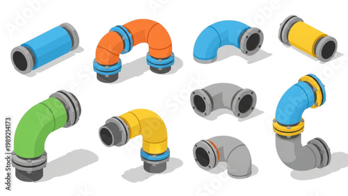 Insulated Steam Pipe and Elbow Vector Icon Set: Industrial Flanges, Pipeline Infrastructure, and Plumbing Graphics in 2D Isometric Flat Color Style