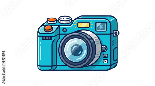 Teal colored digital photo camera.