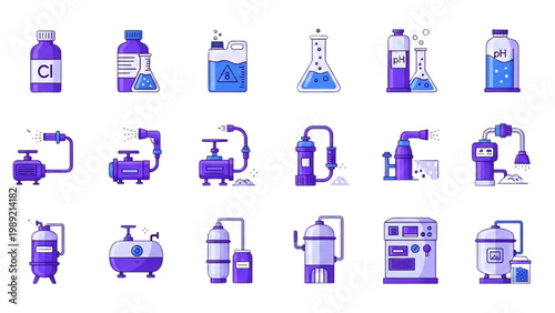 Water Treatment and Boiler Descaling Vector Icon Set: Water Softener Tanks, Chemical Treatment, and Industrial Descaling Pumps in Flat Color Design