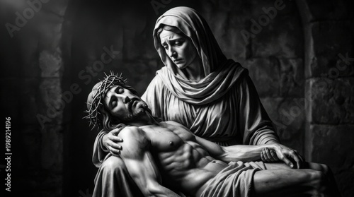 Detailed statue of the Virgin Mary holding the body of Christ at the cross