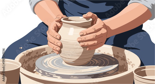 Skilled hands of a potter meticulously shaping a clay vessel on a spinning wheel, demonstrating traditional craftsmanship and artistry.